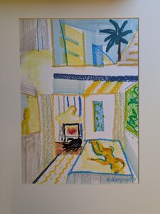 „Vor dem Kaminfeuer II“, Ölkreide auf Papier, 50 x 60 cm, © Wolfgang Marquart 1997