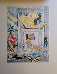 „Vor dem Kaminfeuer III“, Ölkreide auf Papier, 50 x 60 cm, © Wolfgang Marquart 1997