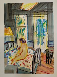 „Der Besuch“, Öllasur und Kreide auf Papier, 44 x 62 cm, © Wolfgang Marquart 1999