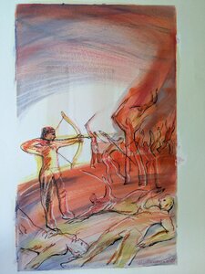 „Die Rache des Odysseus“, Öllasur und Kreide auf Papier, 100 x 70 cm, © Wolfgang Marquart 1999