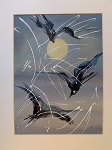 „Drei Vögel vor gelbem Vollmond“, Öllasur auf Papier, 52 x 62,5cm, © Wolfgang Marquart 2014
