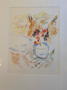 „Hühner im Westerhamer Garten 3“, Ölkreide auf Papier, 52 x 62,5cm, © Wolfgang Marquart 2023