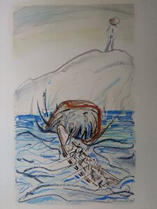 Odyssee Zyklus „Kyklop schleudert Felsbrocken“, Öllasur und Kreide auf Papier, 100 x 70 cm, © Wolfgang Marquart 1999