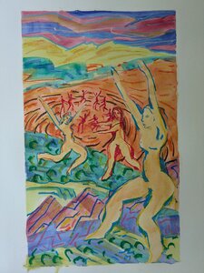 „Lebensfreude, tanzende Frauen“, Öllasur und Kreide auf Papier, 100 x 70 cm, © Wolfgang Marquart 2001