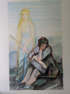 „Odysseus und Kalypso“, Öllasur und Kreide auf Papier, 100 x 70 cm, © Wolfgang Marquart 1999
