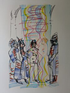 „Penelopes Erscheinen vor den Freiern im Festsaal“, Öllasur und Kreide auf Papier, 100 x 70 cm, © Wolfgang Marquart 1999