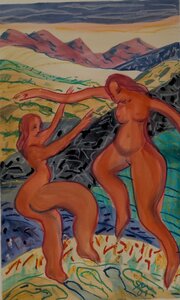 „Tanz der Lebensfreude“, Öllasur und Kreide auf Papier, 100 x 70 cm, © Wolfgang Marquart 2001