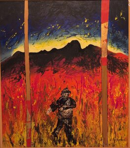 „Rote Erde“, Öl auf Leinwand mit Holzfurnier und Rahmen, 144 x 123 cm, © Wolfgang Marquart