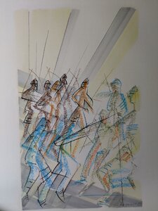 Odyssee Zyklus „Wettkampf“, Öllasur und Kreide auf Papier, 100 x 70 cm, © Wolfgang Marquart 1999