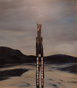 „Auf der Schwelle der Nacht“, Öl auf Leinwand mit Holzfurnier und Rahmen, 144 x 123 cm, © Wolfgang Marquart